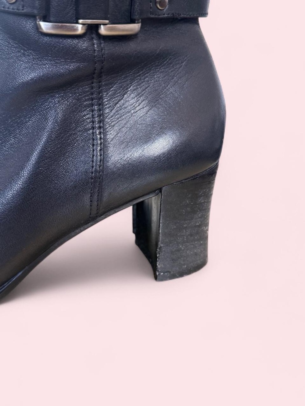 Vintage 90s Square Toe Classic Black Leather Knee-High Boots - Picture 4 of 6